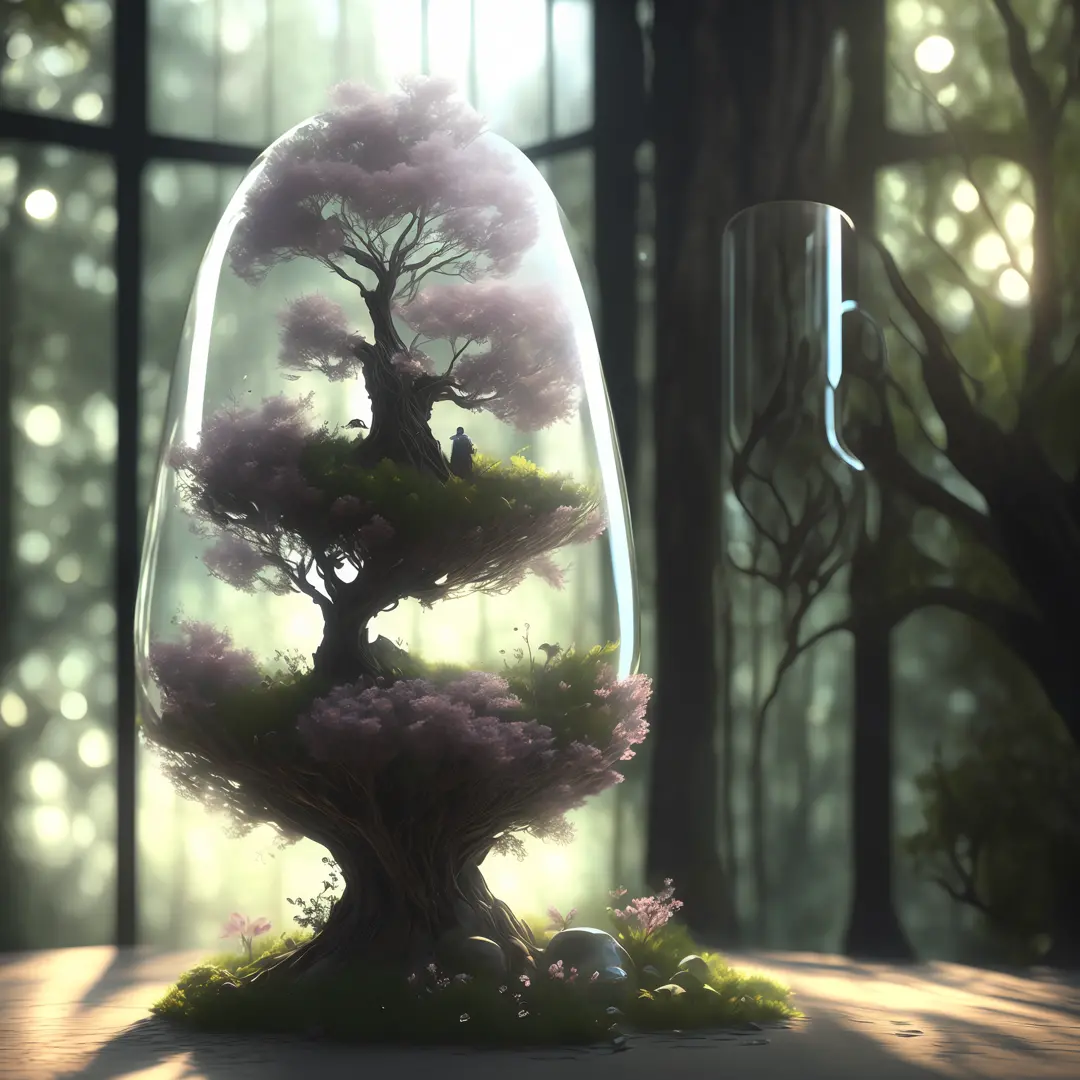 Tree of dreamlike art in a bottle, cute, realistic, photo, canon, dreamlike, art, leaves and colorful branches with flowers on the top of the head in the background a window overlooking the forest. Hyper-detailed photorealism by Greg Rutkowski - H 1024 W 8...