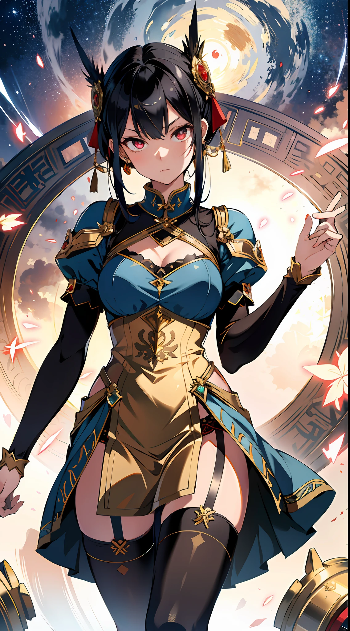 A woman in a blue and gold outfit holding a sword - SeaArt AI