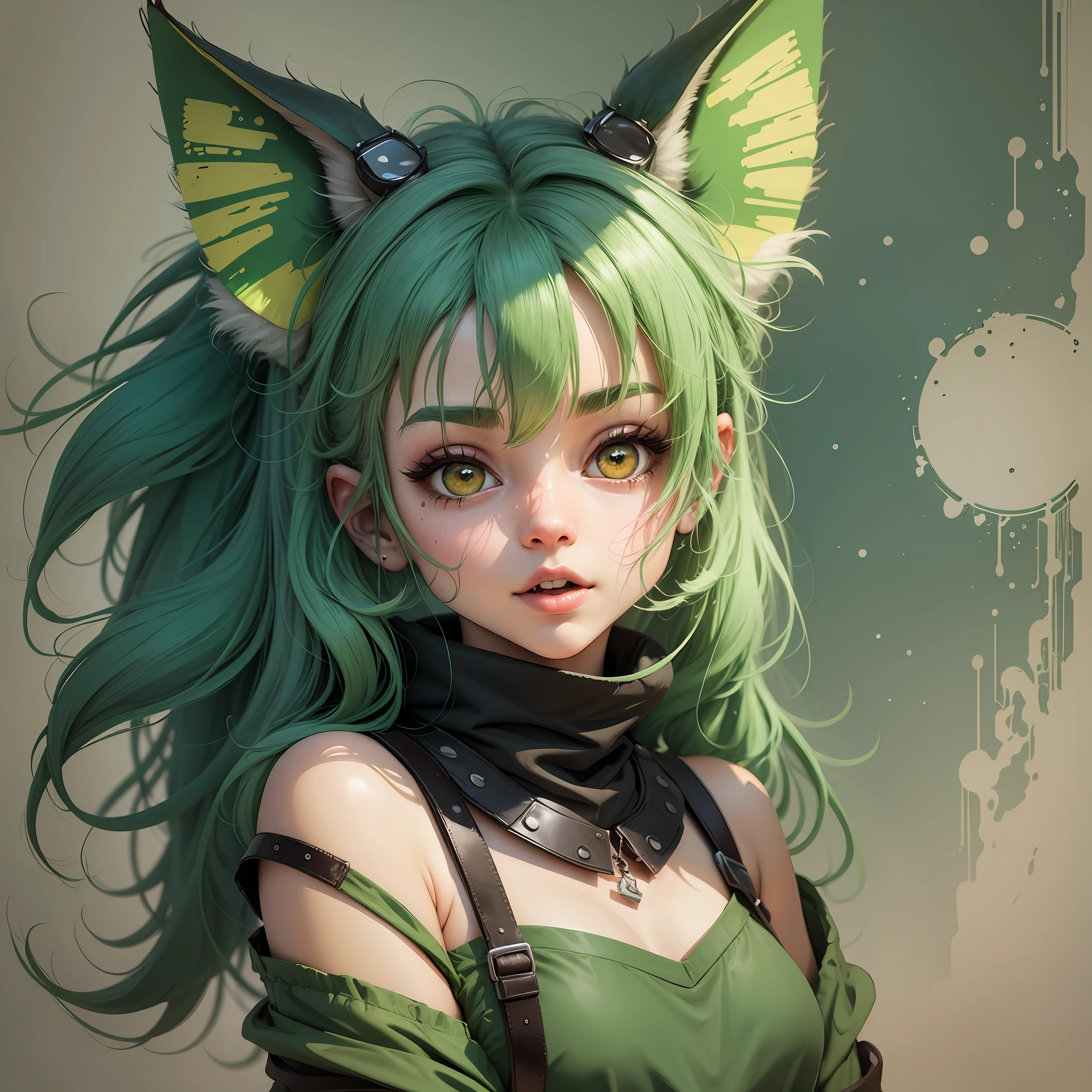 A close up of a woman with green hair wearing a cat ear - SeaArt AI