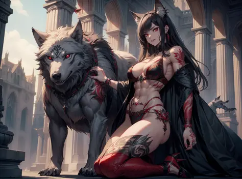 (An intricately detailed masterpiece of) a muscular vampire queen, (with piercing) red eyes and (sharp) teeth, (adorned with intricate tattoos) and (a six-pack) physique, (accompanied by her faithful wolf companion) in the grandeur of her castle.