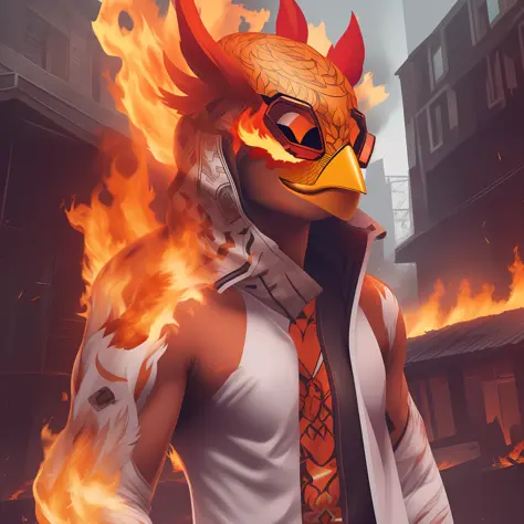 1 male, man body and chicken head , Instagram profile pic, fire background