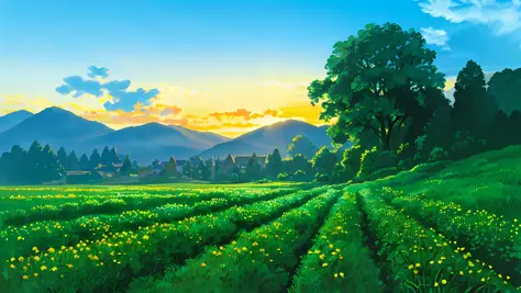 outdoor in the golden hour Background Ghibli style village, (fujifilm ...