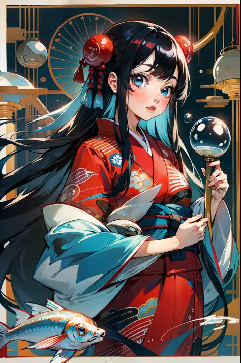 1girl, long hair, black hair, fish, blue eyes, kimono, japanese clothes, solo, red kimono, very long hair, looking at viewer, wide sleeves, bubble, long sleeves, parted bangs, standing, holding, bangs, animal, air bubble, water
