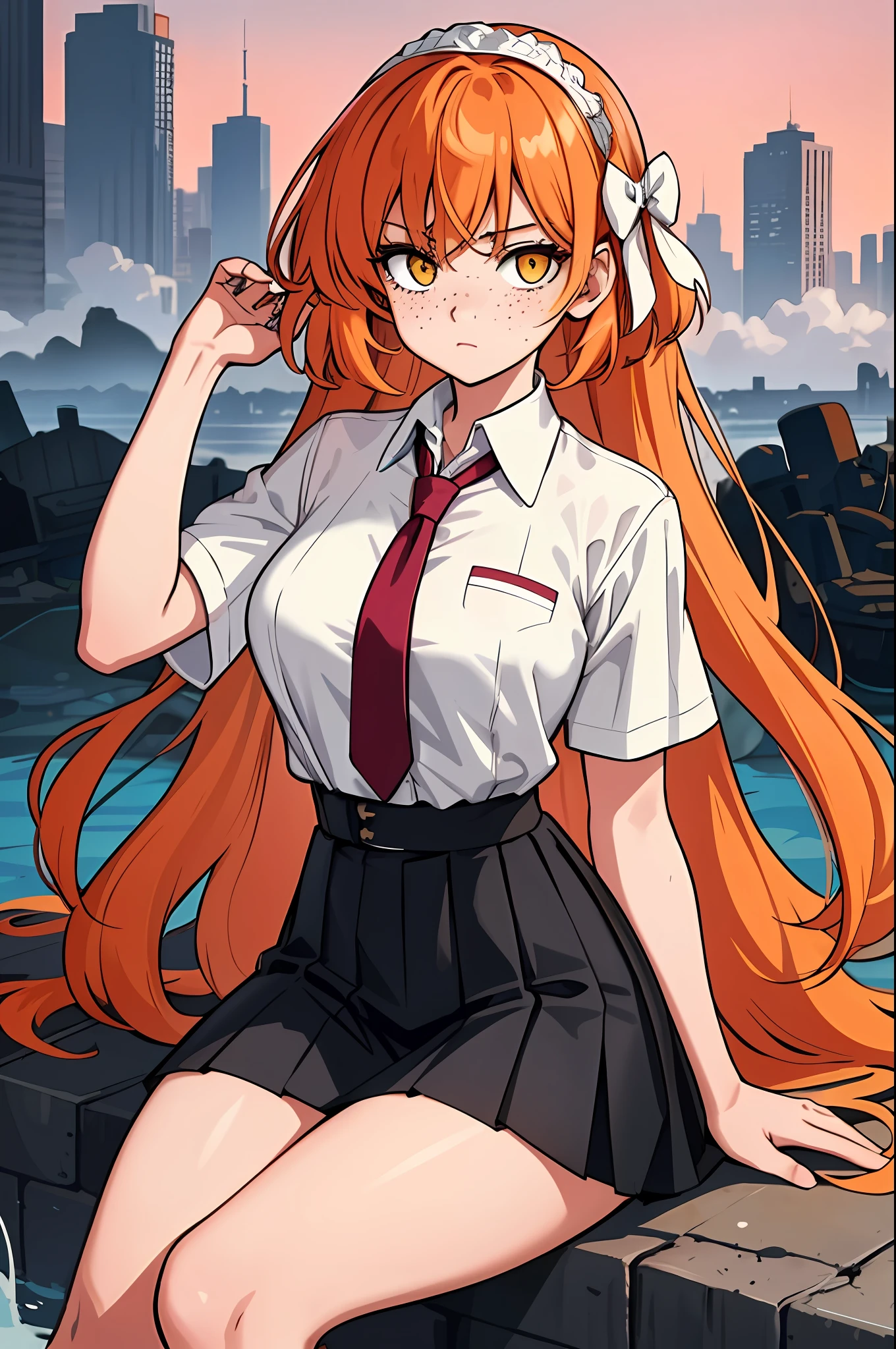 masterpiece, best quality, 1girl, long hair, orange hair, yellow eyes, freckles, collared shirt, white shirt, short sleeves, loose necktie, high-waist skirt, pleated skirt, black skirt, shirt tucked in, medium breasts, sitting, arm support, looking at viewer, partially submerged, ruined city, building, skyscraper, debris, dusk, (fog:1.2), pink theme,