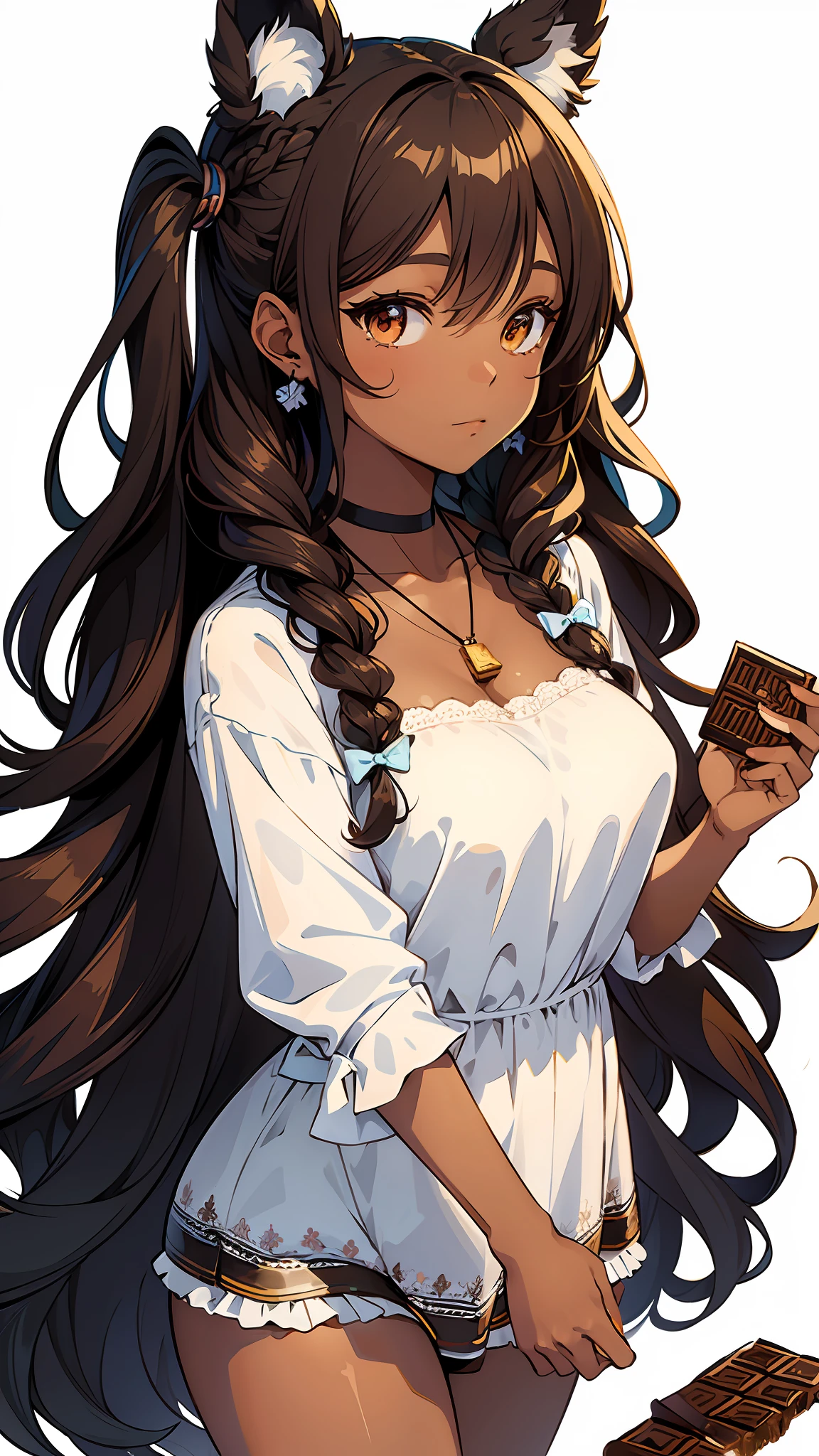 Anime girl with long hair and a white shirt holding a cell phone - SeaArt AI