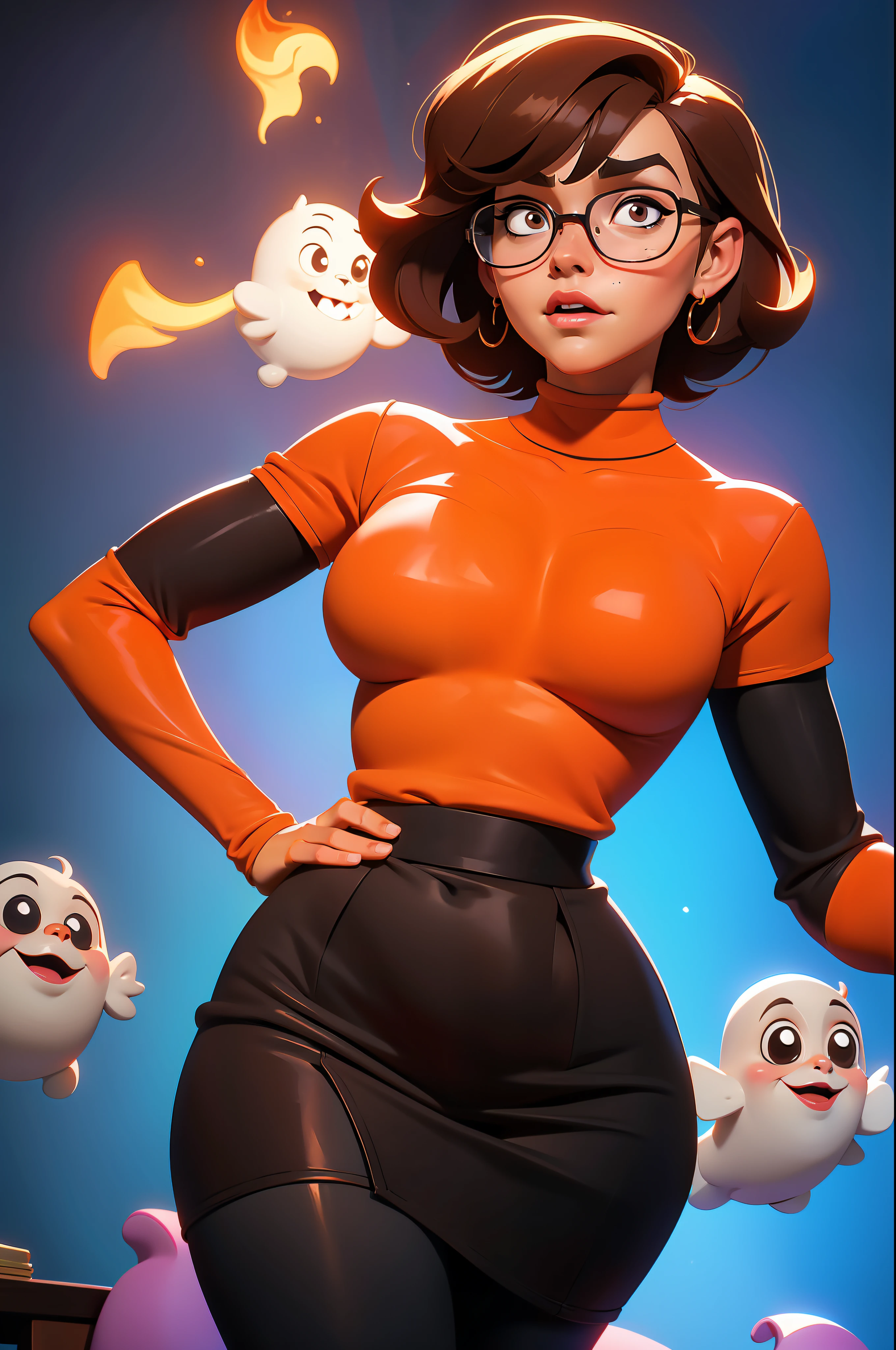 (((taille haute))), (((corps parfait))), (((voluptueux))), (((Chaud))), cuisses épaisses, Velma Dace Dinkley adolescente (de la série Scooby-Doo), posant pour elle-même avec un fantôme derrière elle, bras tendu pour le fret comme si elle tenait un téléphone portable, scène comique, corps parfait, Visage magnifique et intelligent, vue de face, mini jupe, Lunettes, Gros seins, Chaud, Cheveux châtains courts, Chemisier à col roulé orange,  jupe rouge, taille haute