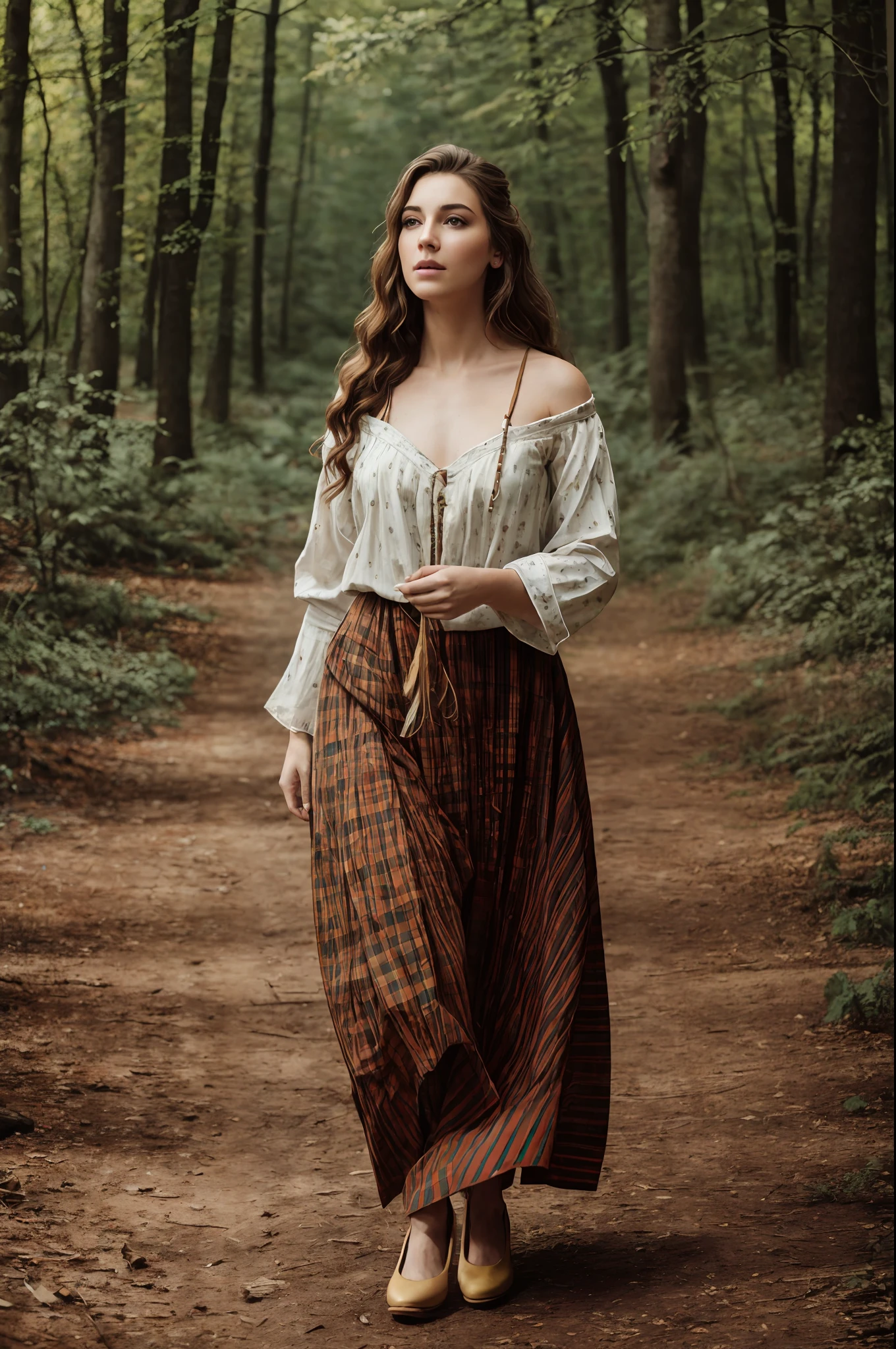 ((((woman in traditional dress strolling in the woods)))))a photorealistic portrait of an incredibly beautiful woman without makeup, extremely detailed light green eyes, detailed symmetrical realistic face, natural skin texture, extremely detailed skin with skin pores, peach fuzz, messy hair, wearing shawl, masterpiece, absurdities, photo awarded by lee jeffries, nikon d850 film photography,  kodak camera portra 400 lens f1.6, extremely detailed, amazing, fine details, rich colors, hyper realistic texture, dramatic lighting, unrealengine, trend in artstation, cinestill 800 tungsten, looking at the viewer, realistic photo, RAW photo, TanvirTamim, high quality, high resolution, sharp focus, extremely detailed, cinematic lighting, 8k uhd