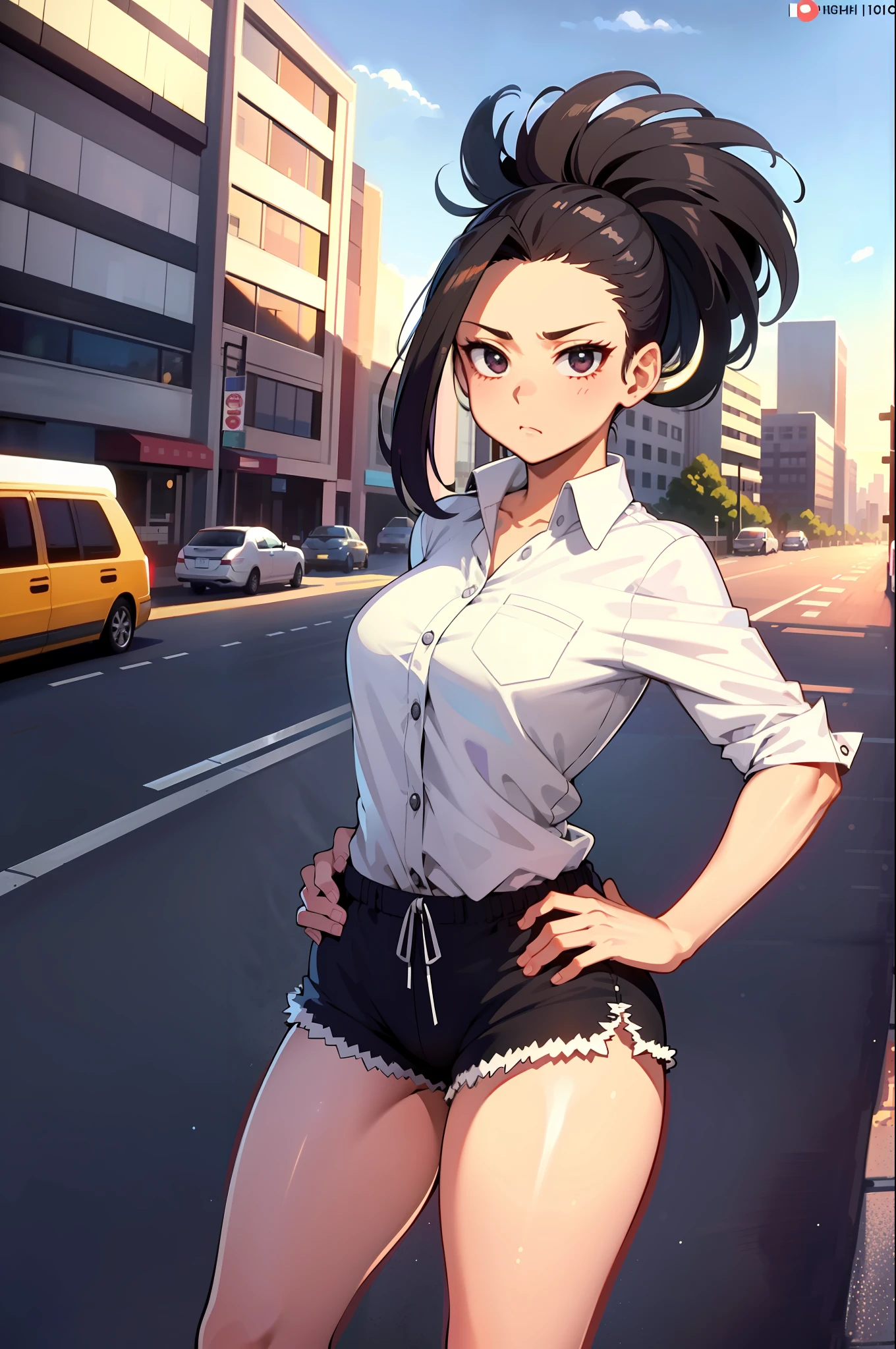 (masterpiece, best quality: 1.2), cowboy shot, solo, 1girl, yaoyorozu momo, anime screencap, city, long hair, black hair, gray eyes, looking at the viewer, lustful, closed mouth, ass, wide hips, short shirt, short shorts, unbuttoned shorts, erotica, back