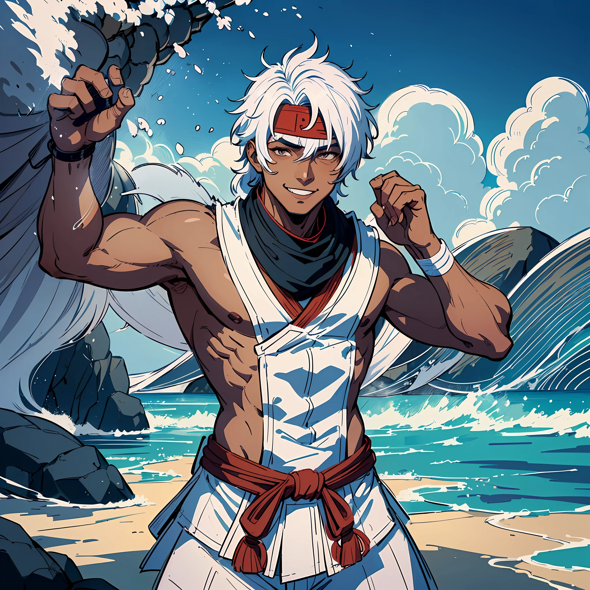 Anime character with white hair and red bandanna standing on a beach -  SeaArt AI