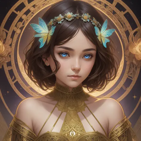 Young girl with a short brown hair in a flower dress, spiritual, detailed, detailed face, detailed skin, front, cover, unzoom, choker, DMT, Sacred, Aura, becoming spiritual, ultrarealistic photorealistic, 8k, artstation hyperdetailed painting, luminism, li...