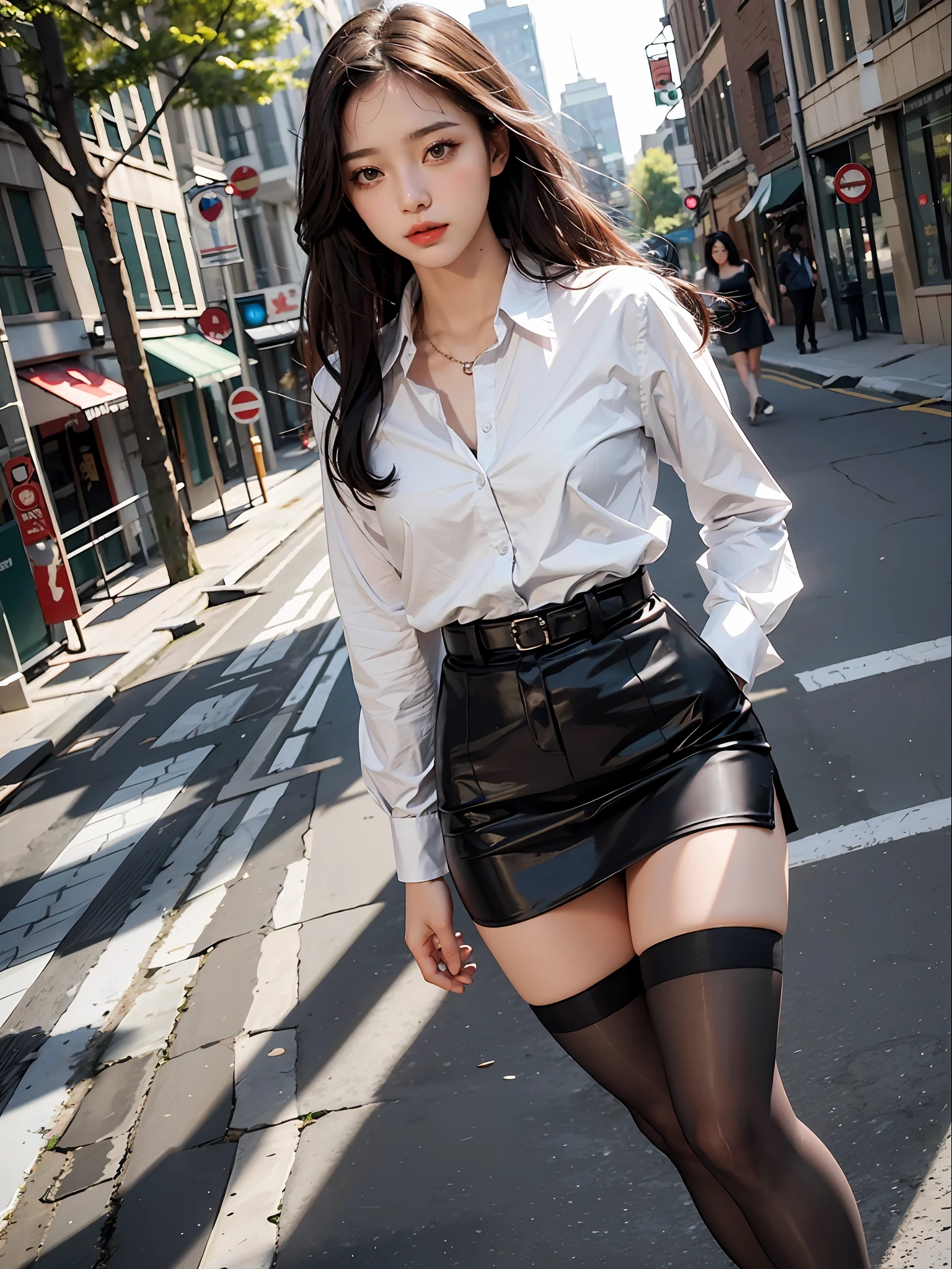 8k, Best Quality, (Beauty), High Definition, Realistic, Real Person, Full Body Portrait, Delicate Face, Cute Face, 25 Year Old Woman, Slim Figure, Small Bust, Office Uniform, Office Clothes, Black Stockings, Outdoor Scene, Sedentary