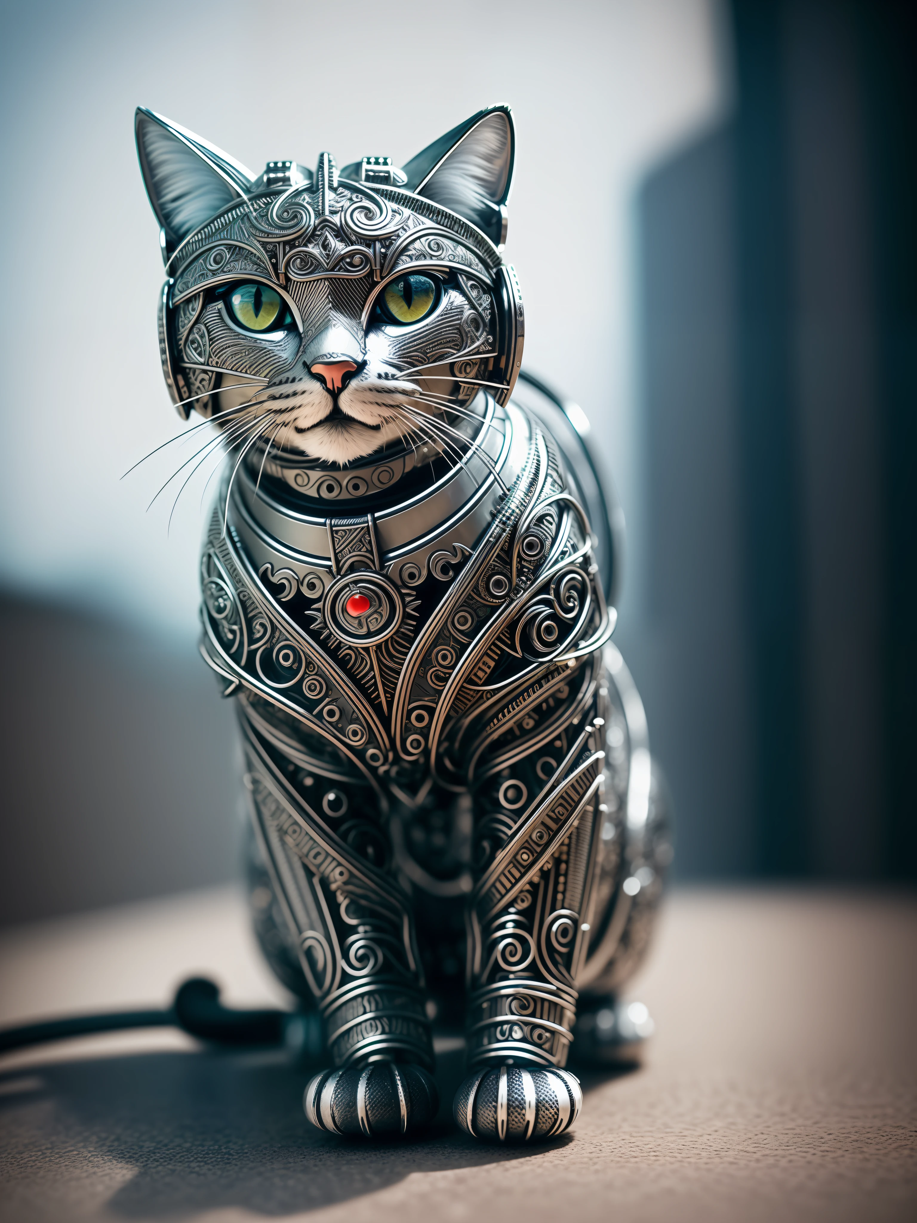 cute kitty made of metal, (cyborg:1.1), ([tail | detailed wire] :1.3), (intricate detail), HDR, (intricate detail, hyper-detailed:1.2), cinematic shot, vignette, centered