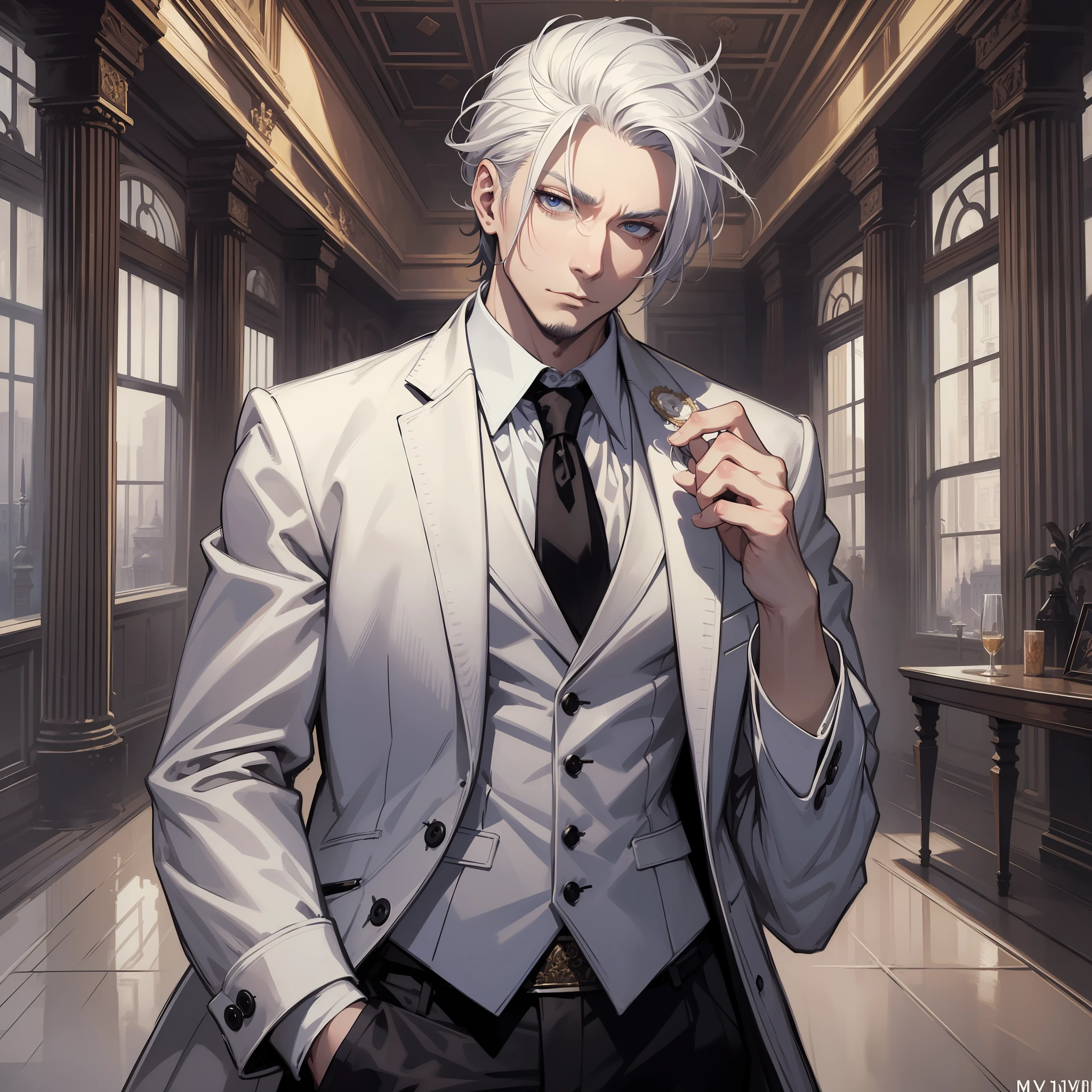 Anime man in a suit smoking a cigarette in a room - SeaArt AI