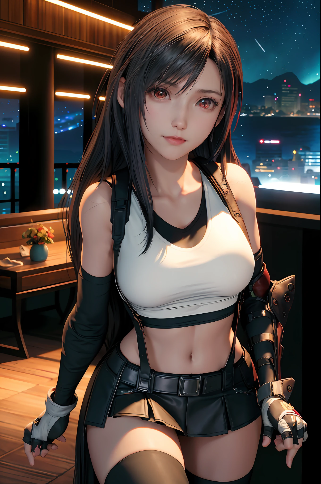 (8K, Best Quality, Masterpiece: 1.2), (Realistic, Photorealistic: 1.37), Super Detail, One Girl, Cute, Solo, (Tifa Lockhart), (Small Breasts), (Beautiful Eyes), (Smile: 1.2), (Closed), Erotic Pose, Dance, Neon, Cityscape, Depth of Field, Dark Strong Shadows, Sharp Focus, Car, Motion Blur, Motorbike, depth of field, composition, glowing green, final fantasy vii, date, (nose brush), single elbow pads, ankle boots, black hair, black skirt, black thighs, red boots, elbow gloves, elbow pads, fingerless gloves, taut shirt, sports bra, (suspender black skirt), thigh, white tank top, full body, headrest, lips, beautiful face, low tie long hair, (red_eyes)), yellow flowers, (night: 1.3), complex, bokeh, cinematic lighting, photon mapping, radiosity, physically based rendering, (Tetsuya Nomura style), eye color is blue