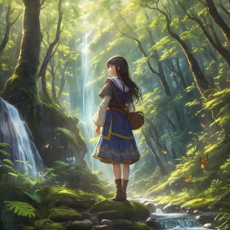 ((drawing, fantasy, childish, very bright)),alone, in the forest, little brunette girl, dark hair, holding butterfly, surrounded by assorted trees, servant looking from the forest, waterfall in the background, birds flying close, illuminated by the sun. --...