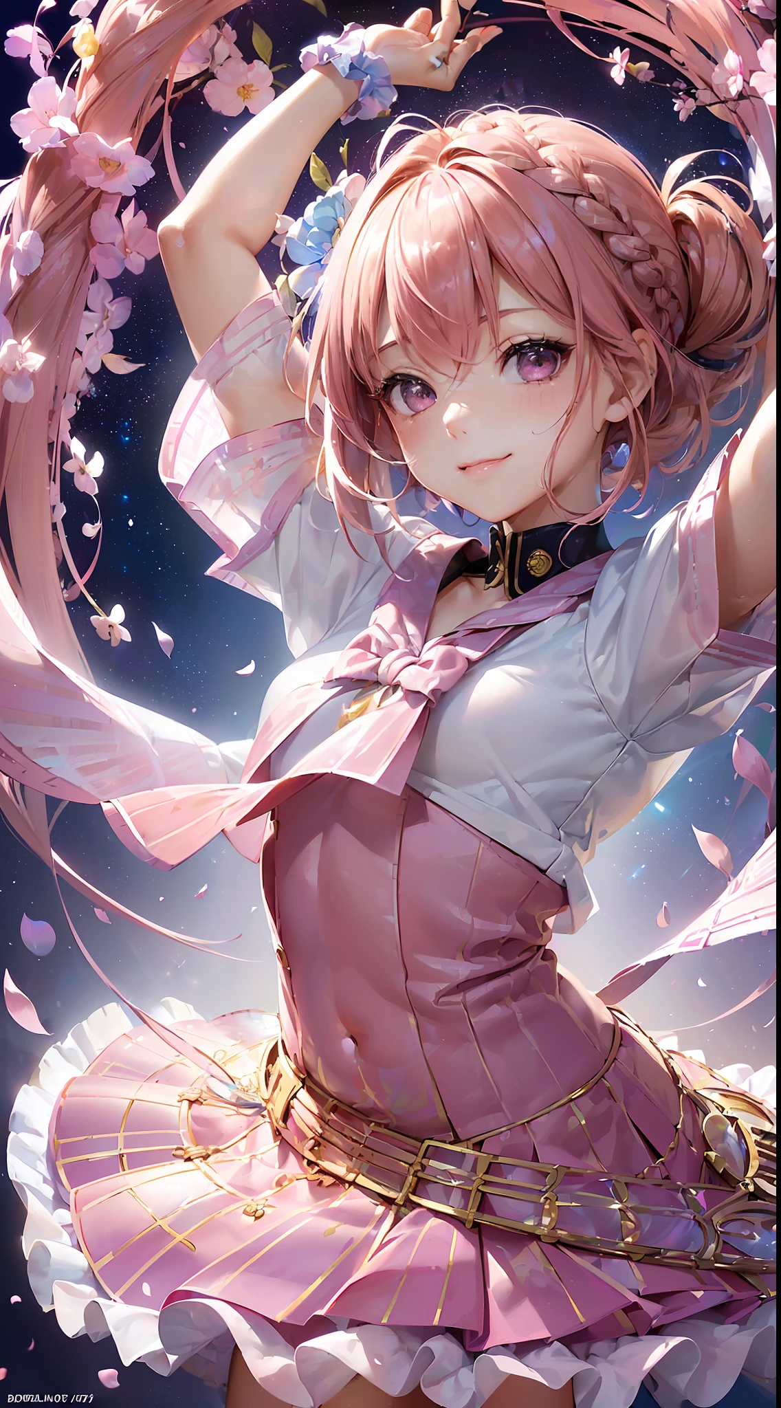 High resolution, ultra-detailed, ((((2D))), Japan person, 1 girl, 16-year-old high school girl, (((pink hair)), intricate and beautiful braided hairstyle, pink school uniform, uniform by designer, short sleeves, (bob hair), dull bangs, finely detailed eyes, golden ratio face, 8 lifents, sunlight, complex iridescent light grains, complex light reflection, beautiful petal shower, background blue sky, transparency, hidden beauty, Smile, deep description, whole body, full of energy, looking at the viewer, fantastic description, complex attraction, tenderness overflowing from within, neon, beautiful fine petals or dancing, little skin exposure, dynamism,