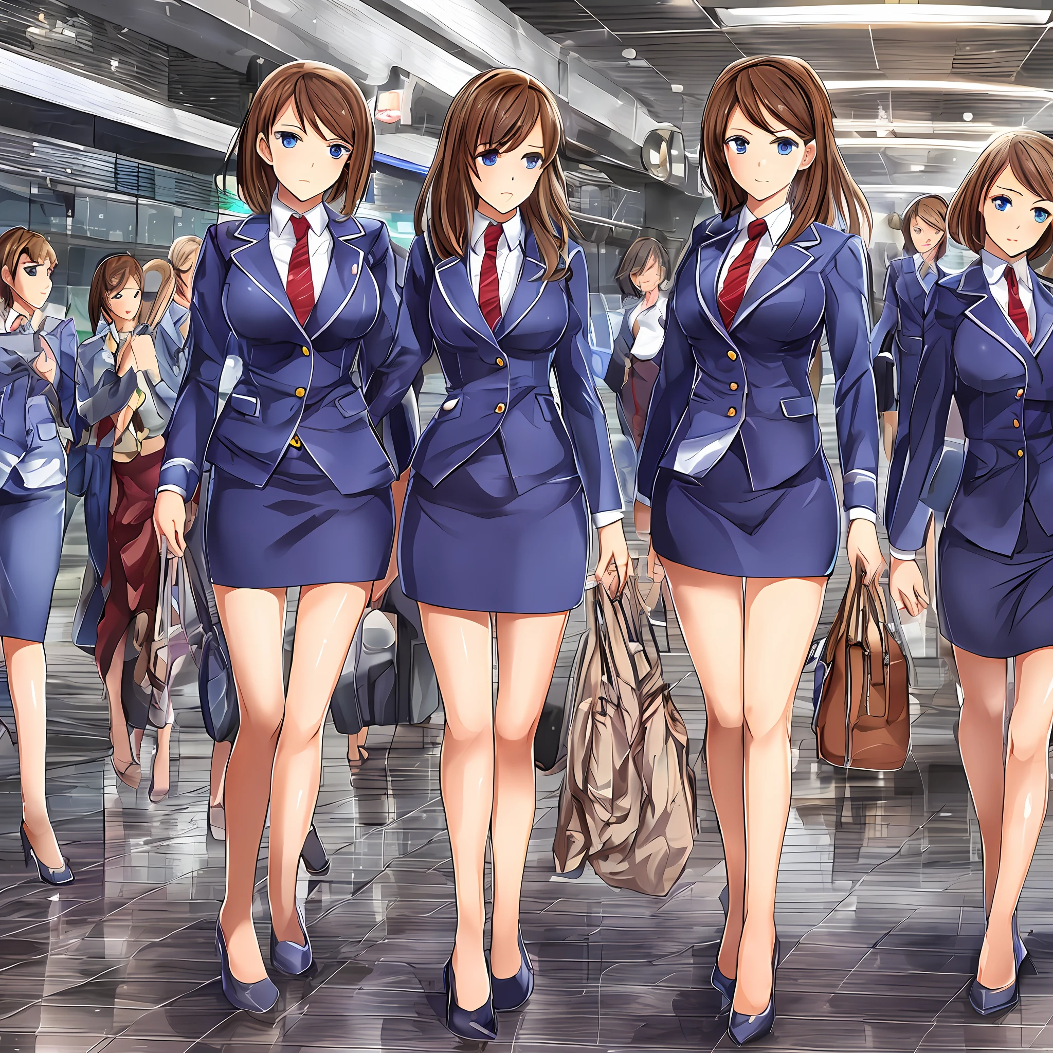 {{Mature female, caucasian}}, looking at viewer, hazel eyes, extremely detailed, medium breasts, brown hair, airport, flight attendant, uniform, blue blazer, blue necktie, blue skirt, medium skirt, pencil skirt, blue high heels, happy, best quality, high quality, extremely detailed anime screencap, {{{{crowded, multiple girls, thousands of sisters, millions of sisters,billions of sisters, clone, doppelganger, matching outfit, matching hairstyle}}}}, full body