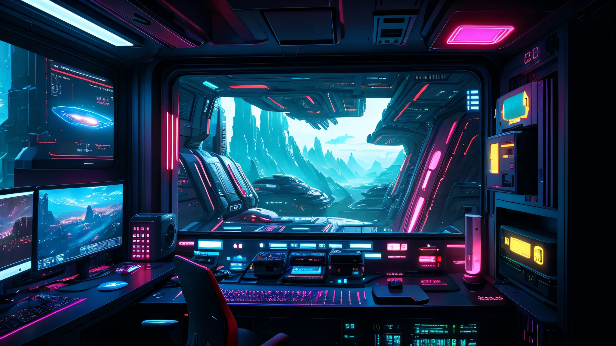 spaceship themed room with a computer and a desk with a monitor, scifi landscape, cyberpunk landscape, futuristic landscape, sci fi landscape, retrofuturistic digital painting, cyberpunk landscape wallpaper, sci-fi landscape, sci - fi landscape, futuristic art style, scifi scene, arstation and beeple highly, futuristic environment, 4k highly detailed digital art, science fiction landscape