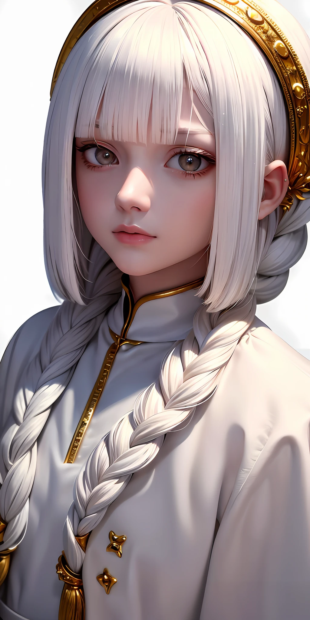 best quality, masterpiece,white hair, gold eyes,white clothes, looking up, upper body,hair strand,Fair skin,side braids