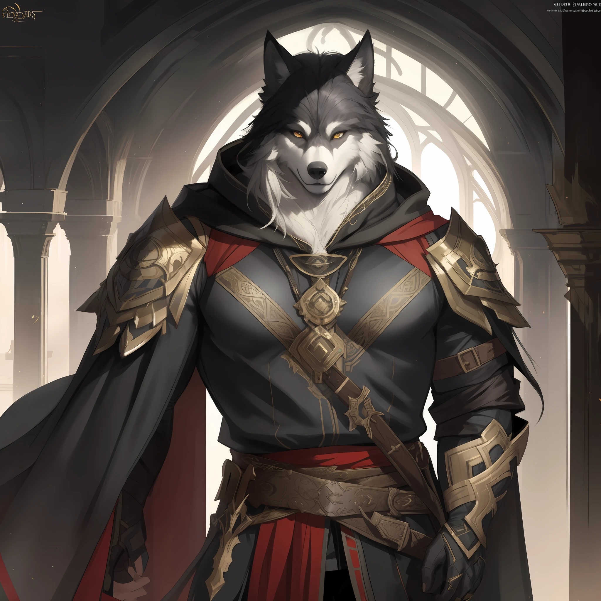 Wolf,Wolf cloak,Ruan Jia,Pino Daeni,darkgem,Dummkopf,muskulöser männlicher Wolf anthro, (Detailliertes Gesicht), (detailreiches flauschiges Fell)