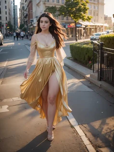 "((masterpiece)), best quality, sensual Victorian dress, happy and elegant Lauren Jauregui strolling through a lively city, wide...