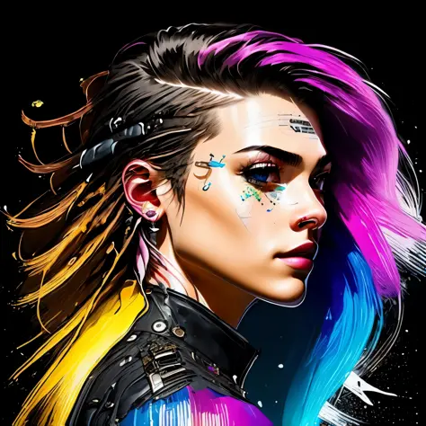 ((Best quality)), ((masterpiece)), (highly detailed:1.3), 3D, beautiful punk woman with thick voluminous hair,pw,swpunk,synthwav...