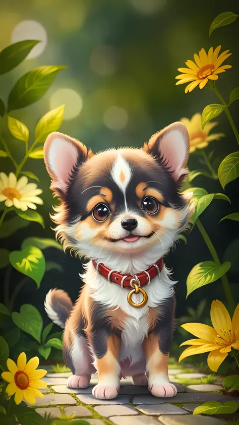 A cute little dog smiling, a wonderful garden, happy, happy, perfect quality, clear focus, (masterpiece: 1.2) (Realistic: 1.2) (Bokeh) (Best quality) (Detailed skin: 1.3) (Intricate details) (8K) (Detail eyes) (Sharp focus), (Happy)