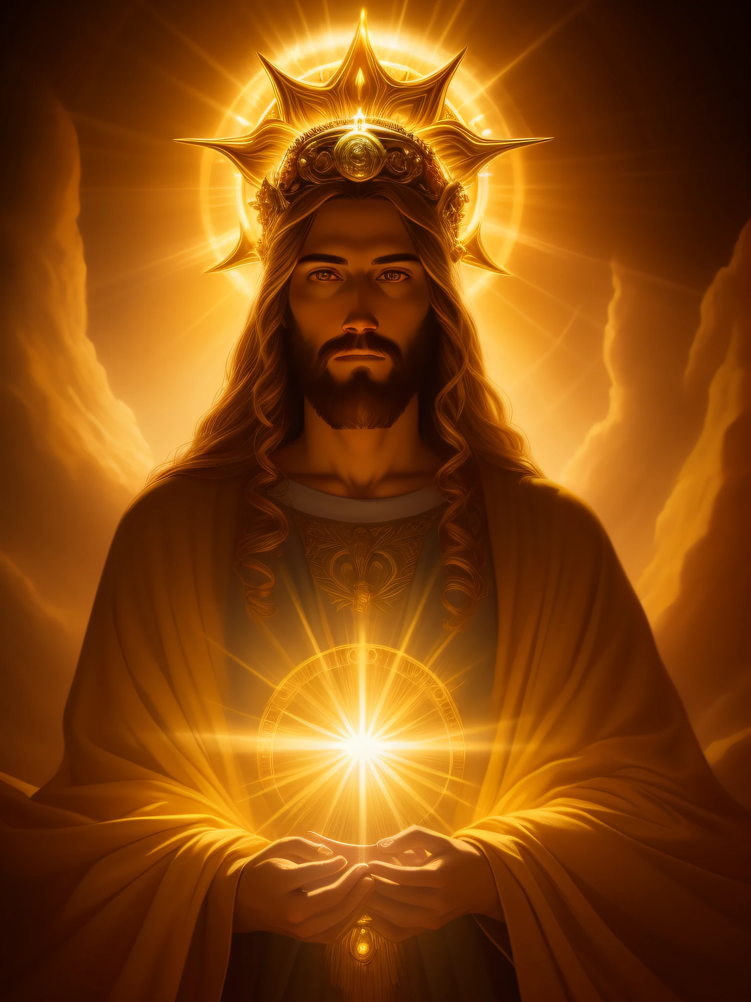 A painting of jesus holding a glowing star in his hands - SeaArt AI