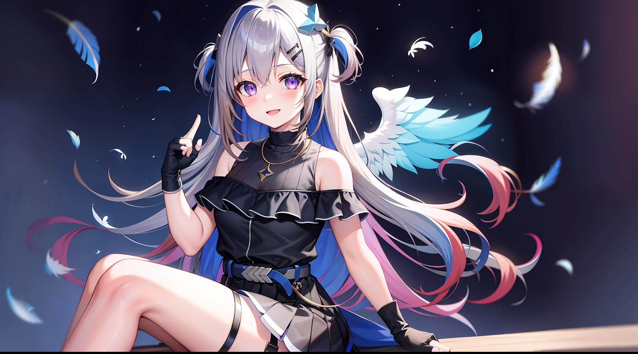 1girl, noberetkanatan, sitting,22 years old gal, long hair, multicolor hair, brown hair, inner hair color, blue hair, angel wings, mini feathers, purple eyes, starhalo, partial fingerless gloves, thigh straps, black gloves, hair ornament, dress, bangs, two side up, jewelry, pleated dress, single thigh, black dress, ruffle, shoulder out, knee high, hair clip, necklace, gradient dress, belt, sleeveless, happy,