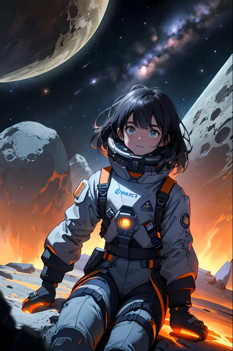 Drawing a young girl sitting on a research platform floating in the middle of the asteroid belt. He was studying with a notebook, surrounded by several asteroids that emitted fiery halos. Dramatic lights from distant stars and planets illuminated the scene...