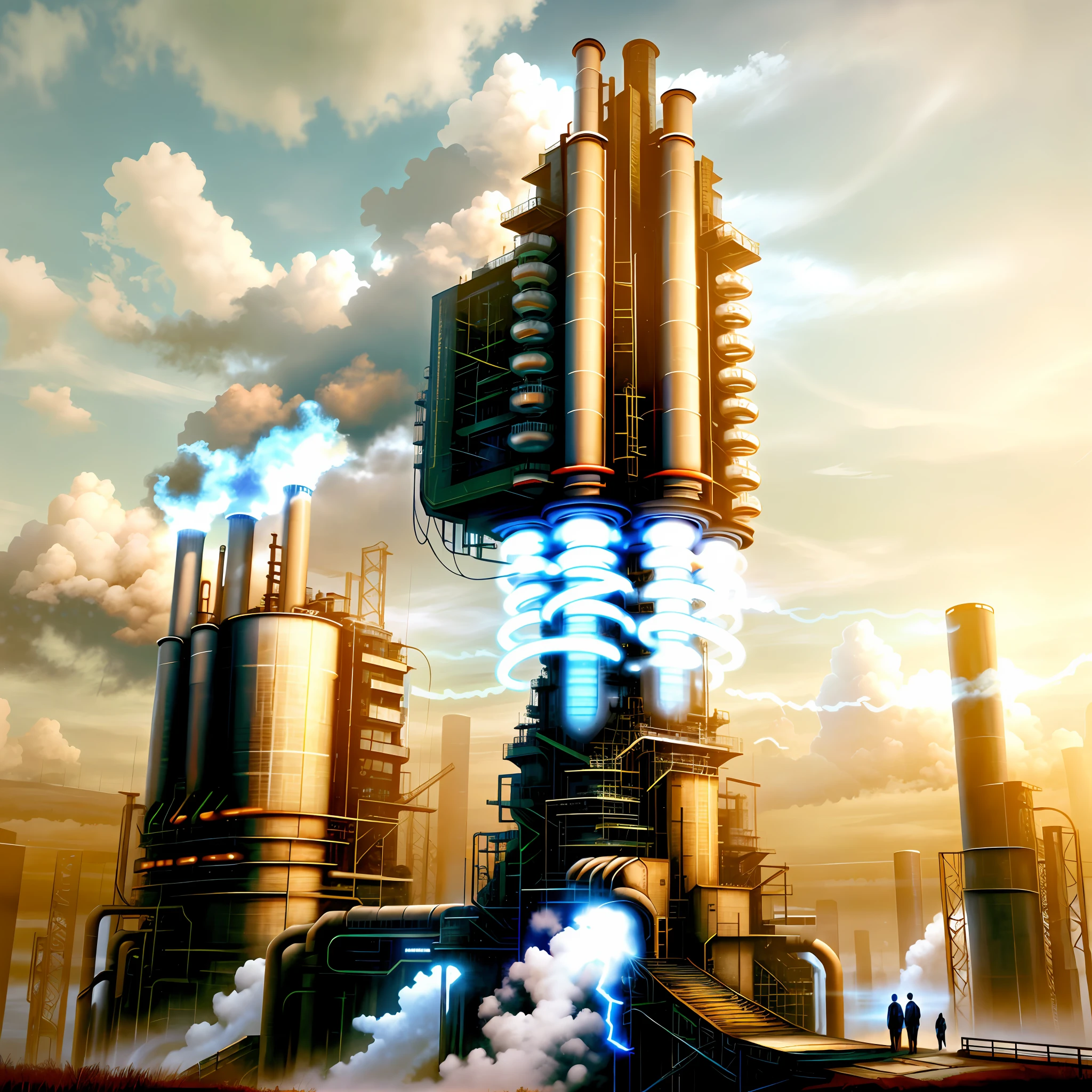 Super futuristic factory, with people entering sad on the left side and leaving on the right side jumping with joy with a beautiful landscape of nature in the background