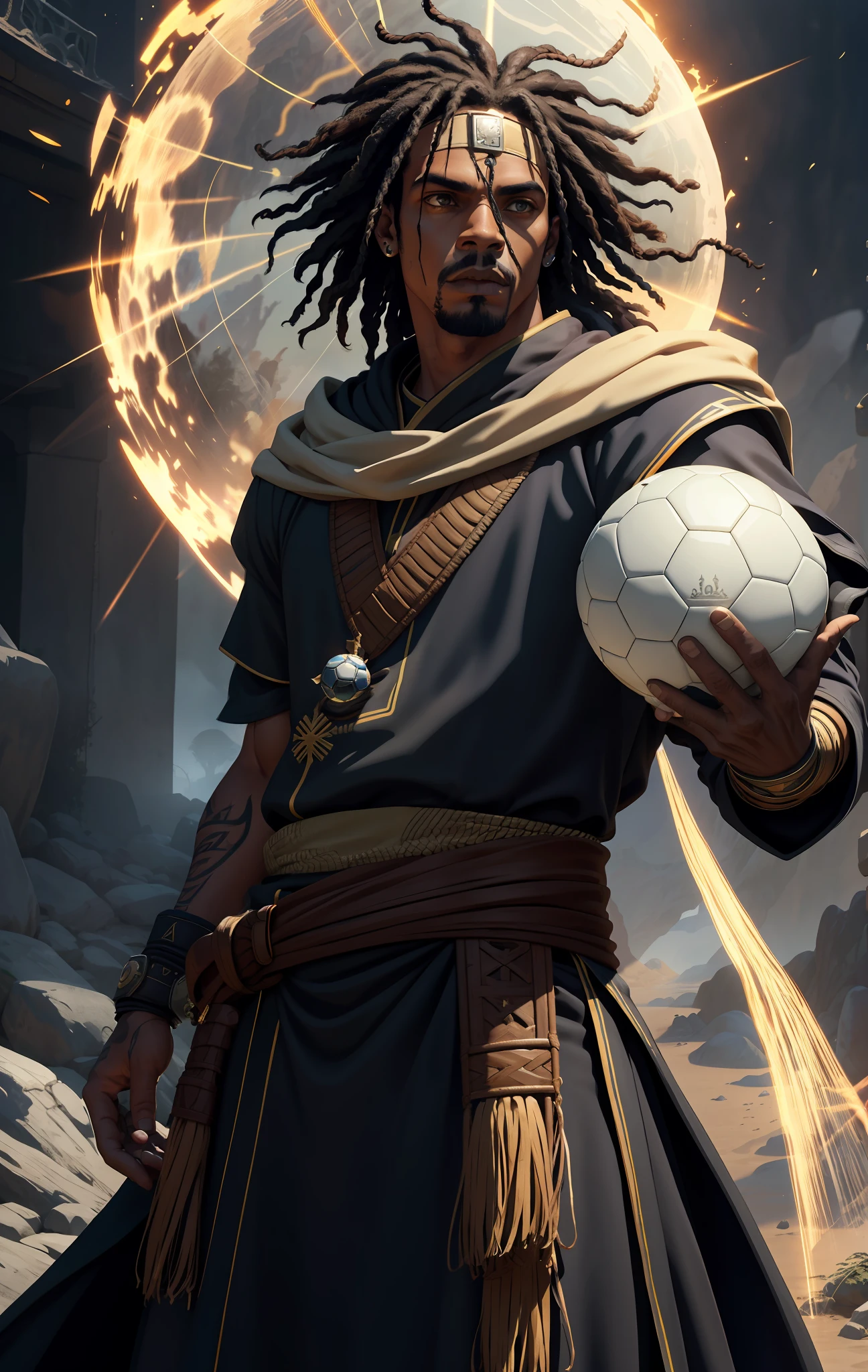 Ronaldinho gaucho holding a soccer ball in his hand, rays coming out of the soccer ball, Dark Fantasy Tech Demo, Cinematic CG Game,
 Duneweaver, Arab, handsome man, cloak like garment, mystery
 , cinematic rendering, high dynamic range, RAW photo, (unreal engine), aesthetic, intricate, caustic, light rays, sunlight