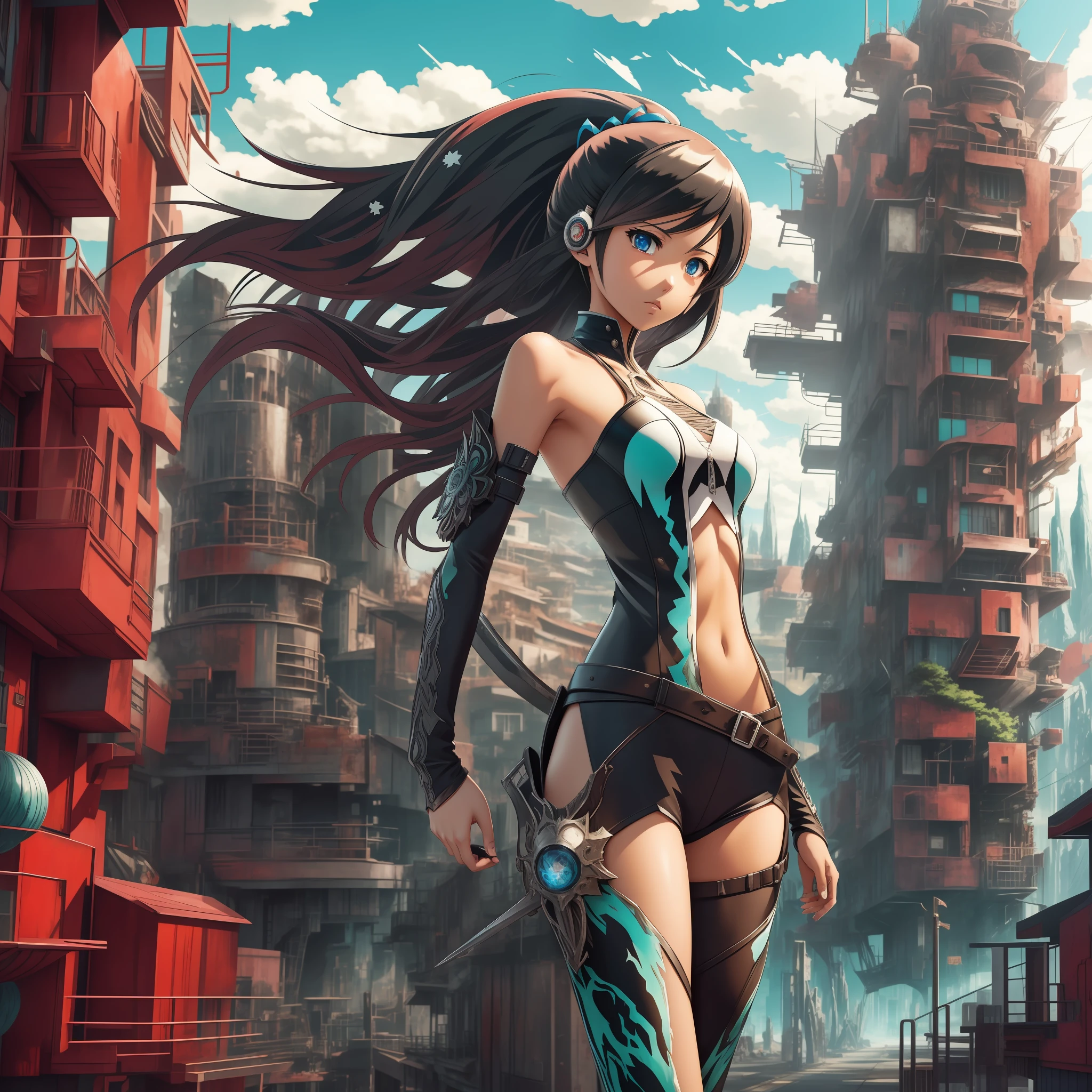 anime style, natural pose, freedom, digital illustration, (anime style), perfect anatomy, black rock shooter, highly detailed, art station, concept art, soft and sharp focus, well-formed eyes, beautiful face, well-defined hips, shy and seductive, left eye with blue flame, chaotic scenery, buildings in the background destroyed, black leather jacket, swords on the ground, beautiful scenery,  hyper detailed