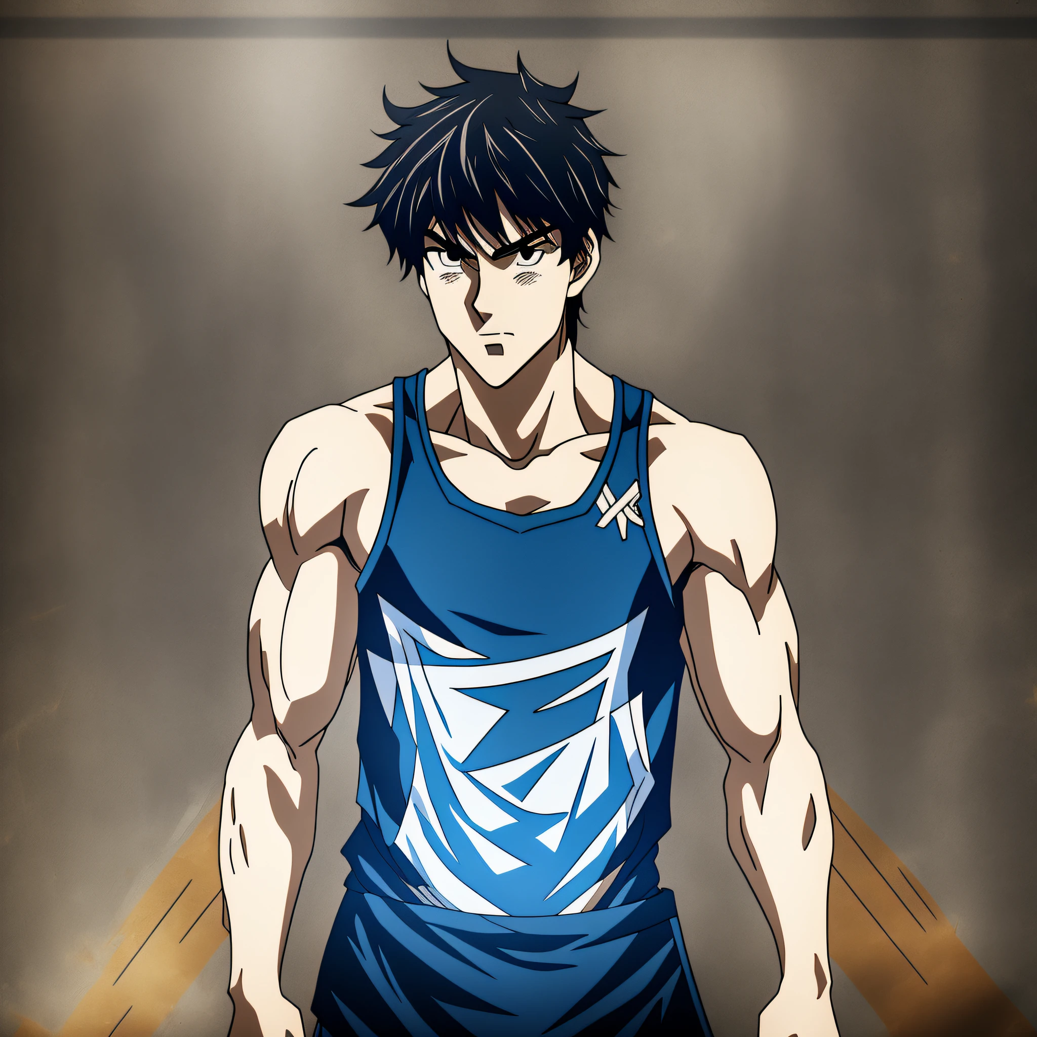 Anime character with a blue tank top and black hair - SeaArt AI