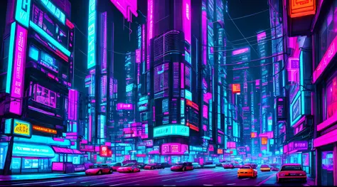 cyberpunk city. digital art. Cyberpunk setting. Neon. futuristic city. cars on the street. neon lighting. cinematic lighting. futurism. plenty of lights. flashy. main colors in blue, pink and purple, realism