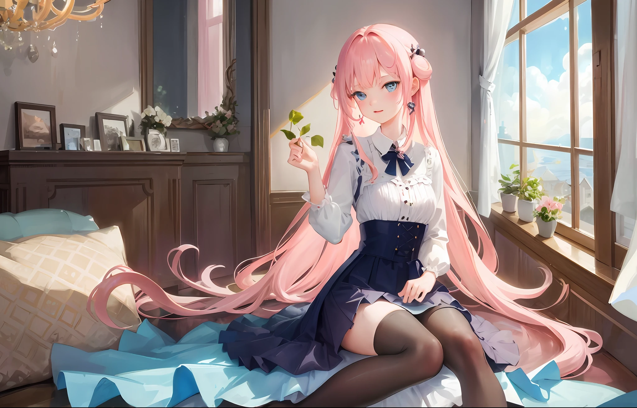 ((Best Quality)), (Masterpiece: 1.2), (Delicate Beautiful Girl), Illustration, 1 girl, pink hair, very long hair, blue eyes, looking at the audience, room, sofa, red wine,