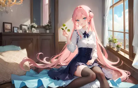 ((Best Quality)), (Masterpiece: 1.2), (Delicate Beautiful Girl), Illustration, 1 girl, pink hair, very long hair, blue eyes, loo...