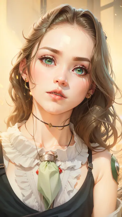 FF7R Style, 1Girl, Solo, Realistic, Green Eyes, Brown Hair, Long Hair, Blurry, Looking at Viewer, Red Jacket, Jewelry, Blurred Background, Necklace, Choker, Jacket, Portrait, Lips, Ribbon, Hair Ribbon, Bow, Nose, Closed Mouth , ((Masterpiece)) --auto --s2