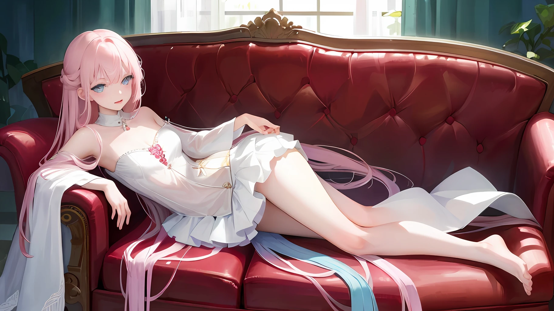 ((Best Quality)), (Masterpiece: 1.2), (Delicate Beautiful Girl), Illustration, 1 Girl, Long Pink Hair, Blue Eyes, White Shirt Skirt, Luxurious Room, Sofa, Red Wine