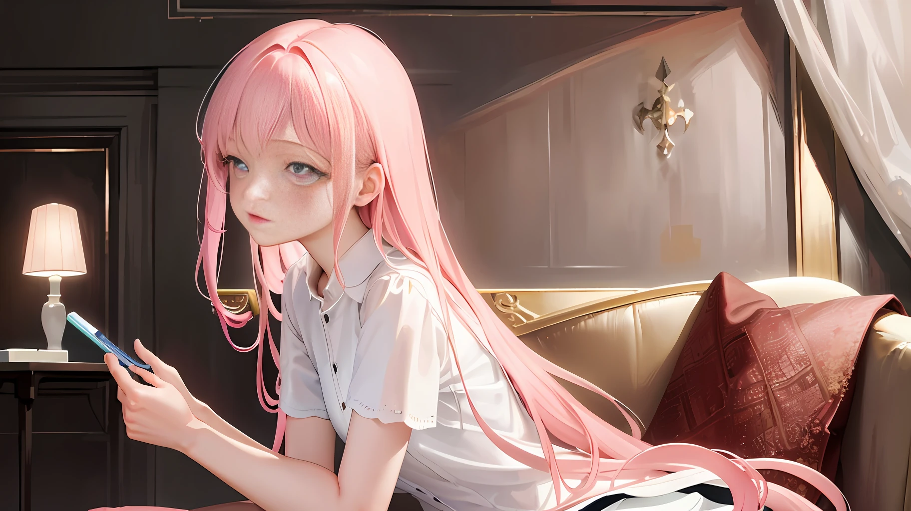 Super high resolution, (Realistic: 1.4), Original photo, 1 girl, ((Best Quality)), (Masterpiece: 1.2), (Delicate Beautiful Girl), illustration, 1 girl, long pink hair, delicate makeup, white shirt, skirt, luxurious room, sofa, red wine, squatting on the ground, blushing