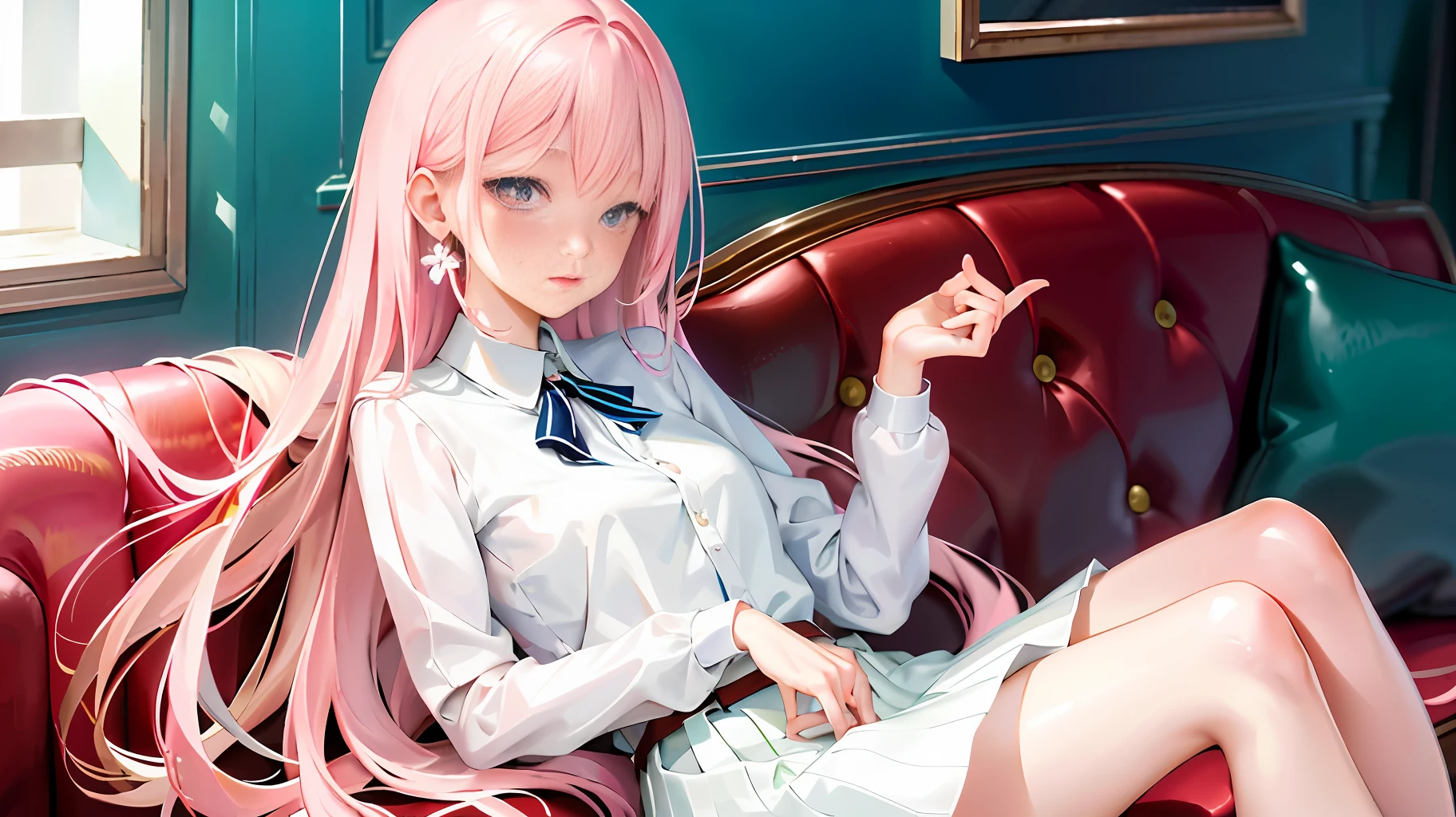 Super high resolution, (realistic: 1.4), original photo, 1 girl, ((best quality)), (masterpiece: 1.2), (delicate beautiful girl), illustration, 1 girl, pink hair, delicate makeup, white shirt, skirt, luxurious room, sofa, red wine, squatting on the ground, blushing