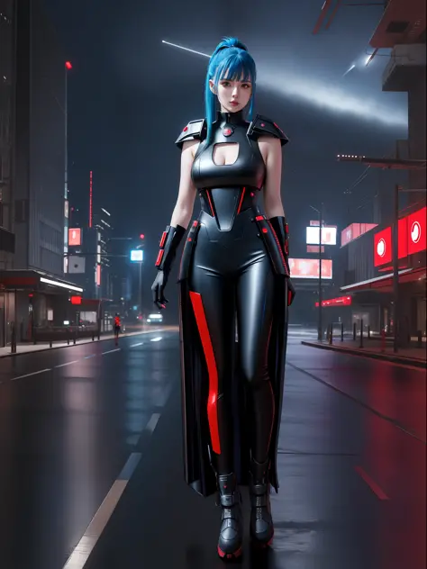 (full body photo:1.9), (A Kawaii Woman:1.5), (wearing red metal cyberpunk outfit|black|futurist blue+with a blue jewel on her br...