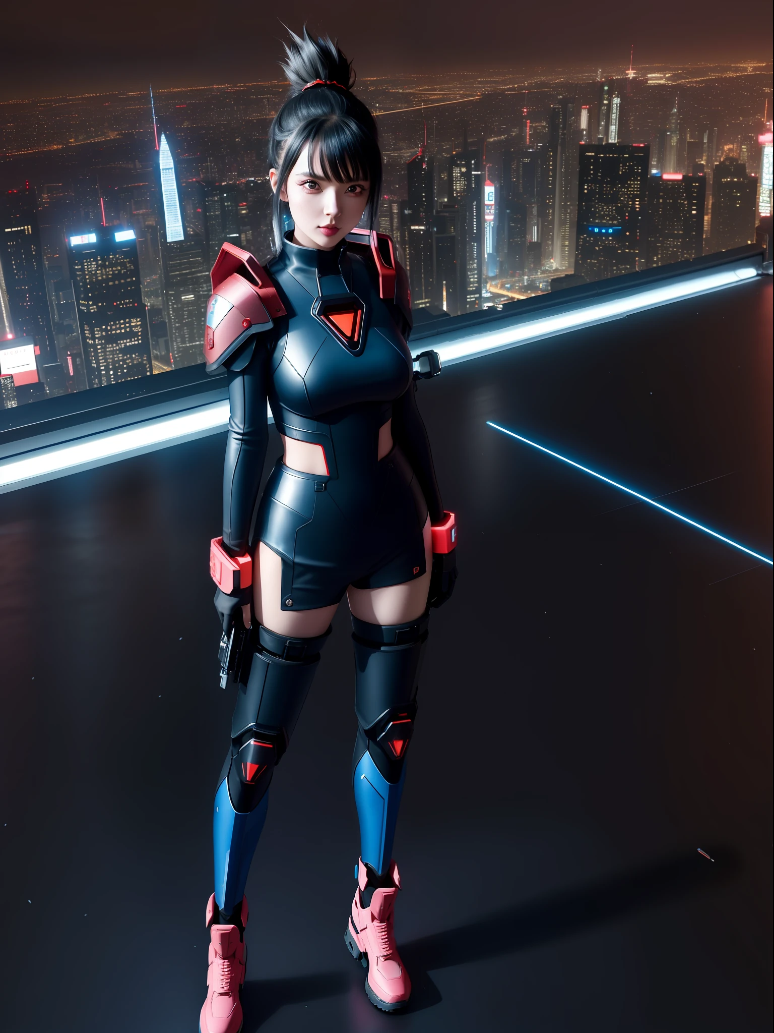(full body photo:1.9), (A Kawaii Woman:1.5), (wearing red metal cyberpunk outfit|black|futurist blue+with a blue jewel on her breastplate:1.4), (she's in a futuristic city with lots of flying cars+at night+raining hard:1.5), (she has mohawk hair roza:1.3), (she has blue eyes:1.3), (she's holding futuristic weapons+sorting+staring at the viewer:1.5),  Hyperrealism, 16k, best quality, high details, UHD