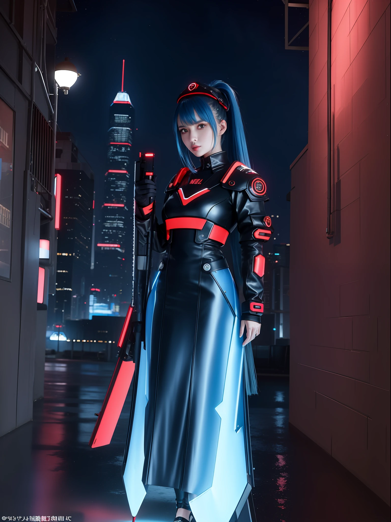 (full body photo:1.9), (A Kawaii Woman:1.5), (wearing red metal cyberpunk outfit|black|futurist blue+with a blue jewel on her breastplate:1.4), (she's in a futuristic city with lots of flying cars+at night+raining hard:1.5), (she has mohawk hair roza:1.3), (she has blue eyes:1.3), (she's holding futuristic weapons+sorting+staring at the viewer:1.5),  Hyperrealism, 16k, best quality, high details, UHD