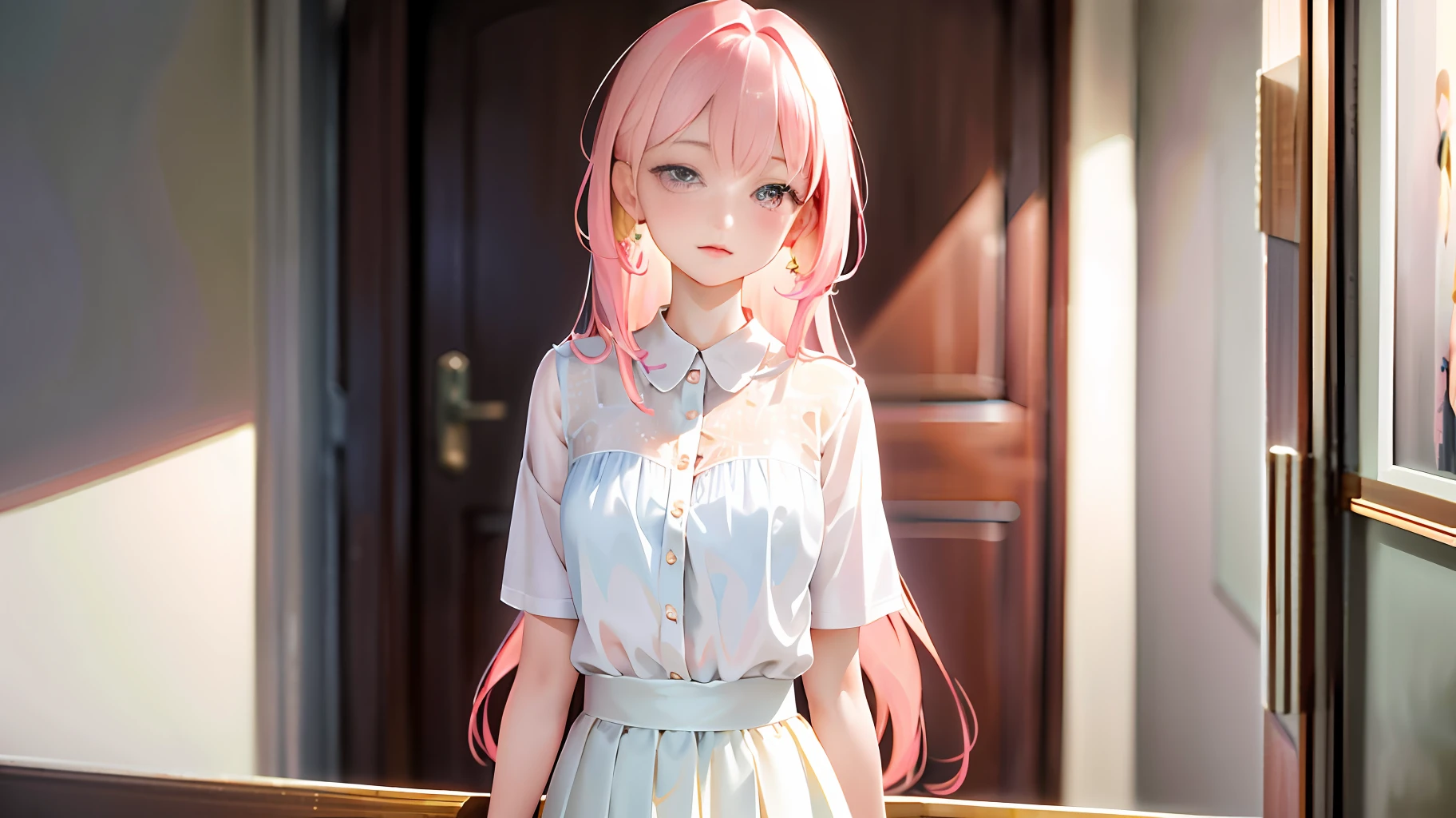 Super high resolution, (realistic: 1.4), original photo, 1 girl, ((best quality)), (masterpiece: 1.2), (delicate beautiful girl), illustration, 1 girl, pink hair, delicate makeup, white shirt, skirt, luxurious room, standing, blushing