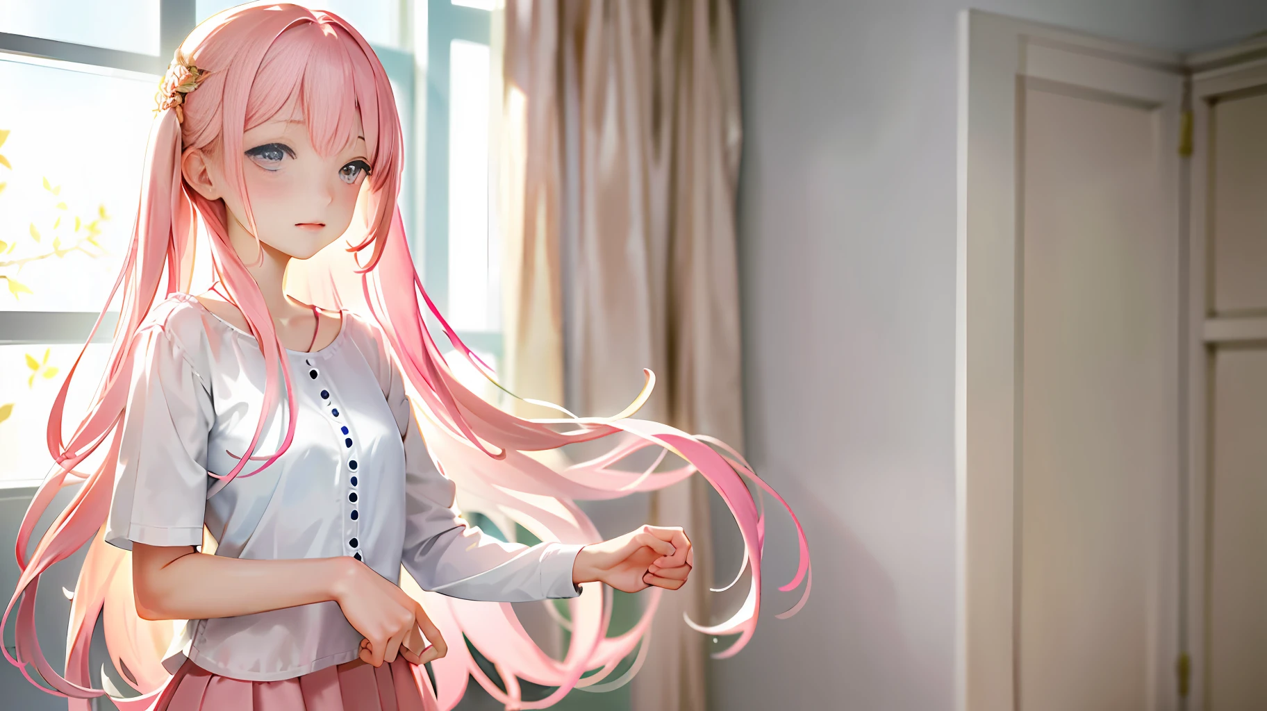 Ultra high resolution, (realistic: 1.4), original photo, 1 girl, ((best quality)), (masterpiece: 1.2), (delicate beautiful girl), illustration, 1 girl, pink hair, delicate makeup, white shirt, skirt, luxurious room, standing, blush