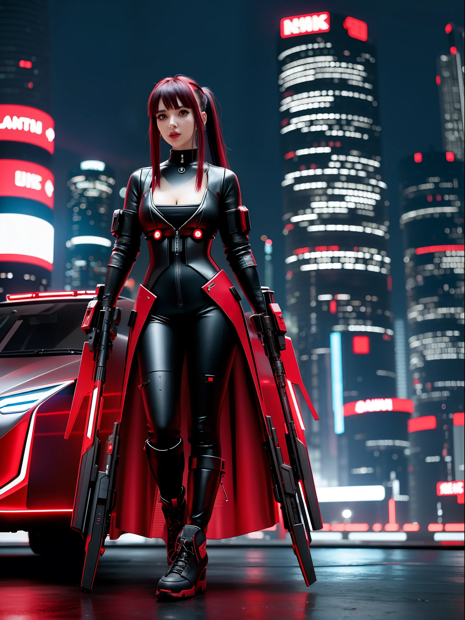(full body photo:1.7), (A Kawaii Woman:1.5), (wearing cyberpunk red metal+ultra realistic metal outfit:1.5), (she's in a futuristic city with lots of flying cars+at night+raining hard:1.5), (she has mohawk hair roza:1.3), (she has blue eyes:1.3), (she's holding futuristic weapons+sorting+staring at the viewer:1.5),  Hyperrealism, 16k, best quality, high details, UHD