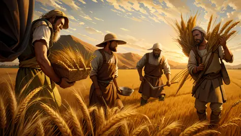 Oil painting, there are three men harvesting wheat in the field, wheat planting, epic biblical representation, 8k uhd, cinematic lighting, high quality, --s2
