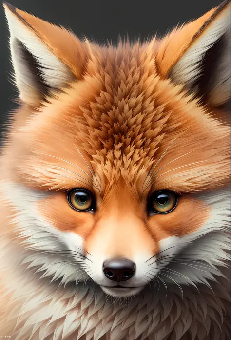 closeup angle of an incredibly cute fluffy fox-like creature with big dramatic eyes, a detailed painting, cgsociety, detailed painting, artstation hd, high detail, cgsociety, photorealism, concept art, artstation hd, official art