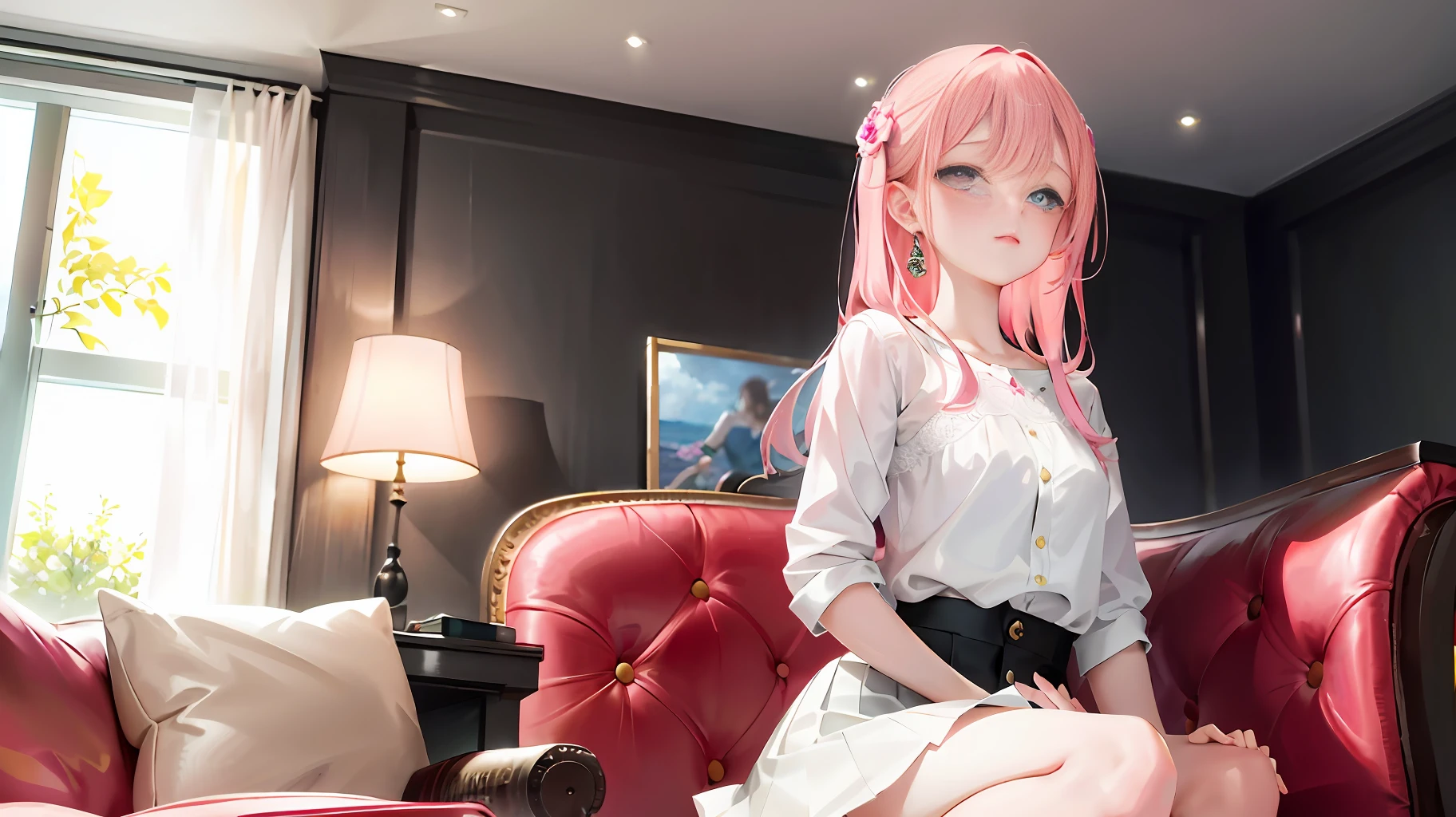 Ultra high resolution, (Realistic: 1.4), Original photo, 1 girl, ((Best quality)), (Masterpiece: 1.2), (Delicate Beautiful Girl), illustration, looking at camera, 1 girl, pink hair, delicate makeup, white shirt, skirt, luxurious room, sofa, red wine, squatting on the ground